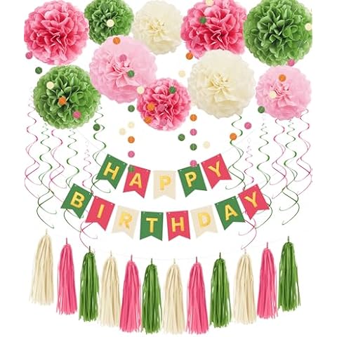 Pink and Green Birthday Decorations for Women Girls, Tissue Paper Pom Poms, Happy Birthday Banner, Paper Tassel, Circle Garland & Hanging Swirl Party Decoration Cover