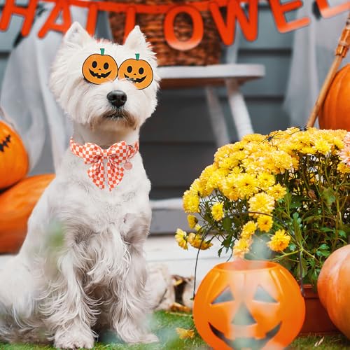 Image of Fall Dog Collar with Bow Tie, Orange Plaid Bowtie Dog Collar, Autumn Bowtie Collars for Puppy Boy Girl Dogs, Comfortable Cotton Dogs Collars with Metal Buckle