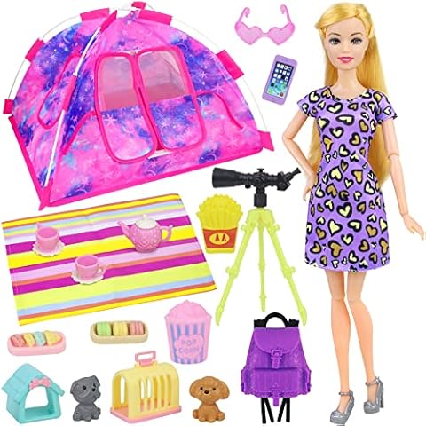 K.T. Fancy 18 PCS Girl Doll Travel Camping Tent Set and Accessories for 11.5 Inch Girl Doll Includes Doll Tent, Clothes, Backpack, Toy Dog, Placemat, Toy Phone, Glasses (Doll NOT Included) Cover