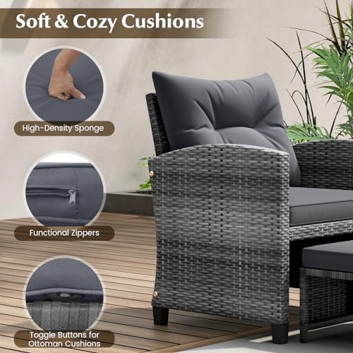 KOTEK 5 Pieces Patio Furniture Set with Ottomans, Wicker Patio Conversation Set with Coffee Table & Cushions, PE Rattan Outdoor Lounge Chairs for Backyard, Porch, Poolside (Mix Grey- Grey) — view 3