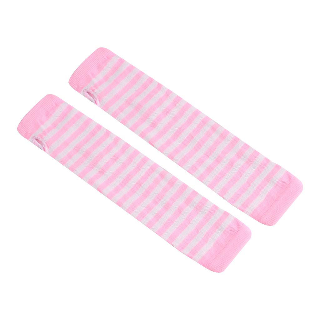 ruiruiNIEWomen Girls Knitted Fingerless Long Gloves Stripes Printed Over Elbow Length Winter Stretchy Arm Warmer Sleeves with Thumb Hole Pink+White