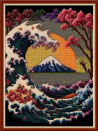 Image of Redxing Stamped Cross Stitch Kits Embroidery kit for Beginners Adults Full Range of Embroidery Patterns Starter Kits DIY Printed Cross Stitch Kits Needlepoint Kits 11CT-Wave Moon 15.7x19.7 inch