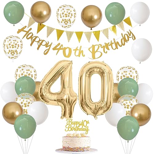 Image of 40th Birthday Decorations for Women, Sage Green White Gold 1986 Happy 40th Birthday Decorations, 40 Years Old Decoration Include Banner Garland Balloon Cake Topper Decor