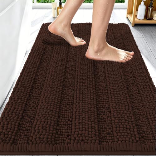 Image of Smiry Thick Chenille Bathroom Rugs 30x20, Extra Soft Absorbent Striped Bath Mat, Machine Washable, Rubber Backing, Bath Rugs for Tub & Shower, Modern Home Decor Accessories, Brown