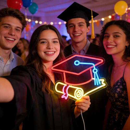 Image of Congrats Grad Neon Sign with Cap & Diploma - 3-Color Red Yellow Ice Blue Graduation Decorations 2026, 10-Level Dimmable LED Wall Light, USB Powered Gift for Graduate, 14.5 inchx12.6 inch