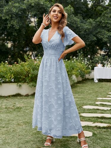 Image of Simplee Women's Boho Floral Maxi Dress Flowy Casual V Neck Short Sleeve Wedding Guest Holiday Beach Long Dress