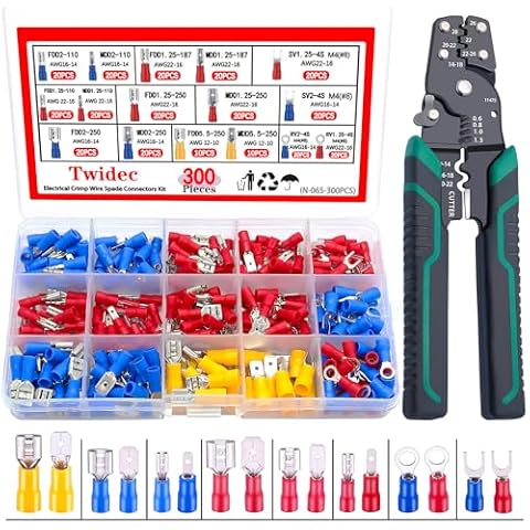 Twidec/300PCS 16Types Spade Crimp Connectors 2.8mm/4.8mm/6.3mm Male and Female Connector kit Includes Spade Fork Ring Insulated Wire Crimp Connectors and Wire Crimper Tool with Stripper Cutter Cover