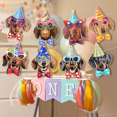 Image of Dachshund Birthday Banner Garland - Photographic Weiner Dog Faces Birthday Decoration, Funny Dachshund Bday Party Bunting for Weiner Dog Lovers, Pre-Strung & Ready to Hang