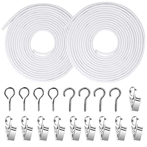 FAPUMOE 2-Pack 3-Meter White Curtain Cords with Stainless Steel Curtain Clips, Plastic Coated Spring Steel Curtain Wire