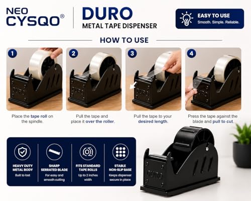 Image of NEO CYSQO Duro Heavy Duty Metal Tape Dispenser | Desktop Packing Tape Holder for 0.5 to 2 Inch Tape Rolls | Non-Slip Base | Sharp Serrated Blade | Office, Warehouse & Packaging Use (Black /Red)