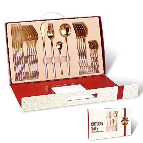 LSXIAO 24 Piece Stainless Steel Cutlery Flatware Sets Serves 6 People with Gift Box for Mothers Day Thanksgiving Christmas Birthdays Housewarming and Weddings Color Pink