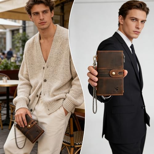 Image of Genuine Crazy Horse Leather Travel Gift Coin Pocket Card Case Long Organizer Chain Rfid Wallet Purse With Snap For Men Male 1803 1815 (1815 Brown)