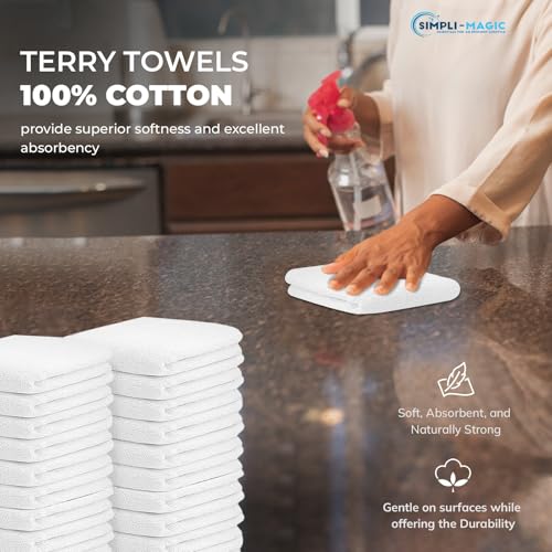 Image of SIMPLI-MAGIC Cotton Terry Towels, Highly Absorbent Soft Cleaning Rags - Commercial Terry Cloth for Kitchen, Bar, Restaurant (White), 60 Count, 17 inch x 14 inch (Pack of 4)