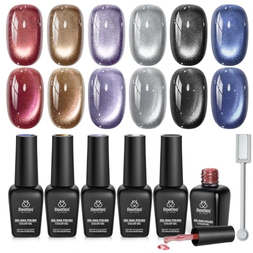 Image of Beetles Cat Eye Gel Nail Polish Set 6 Colors Glitter Red Purple Blue Nail Polish with Magnet Spring Gel Polish Soak Off U V Led Gifts for Women Girls Salon DIY Home