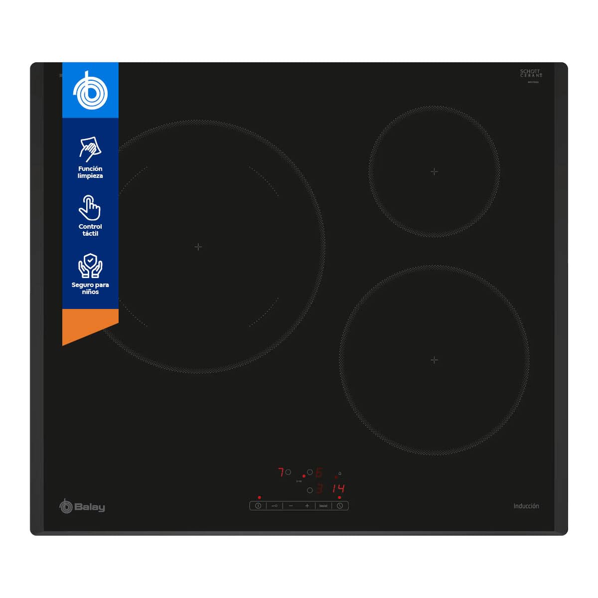 BALAY - Placa de Inducción, 60 cm, 3 fuegos, Zona gigante de 28 cm, Función Sprint, Control Tactil y Programable, Negra, 3EB965LR