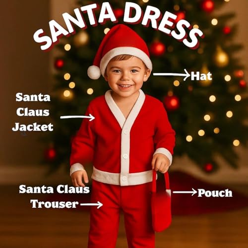 Image of PoPo Toys Santa Claus Costume for Christmas Children 9-13 Years| Red Santa Suit with Fur Trim, Belt, Hat & Beard | Fleece, Faux Fur | Xmas Party & Fancy Dress Outfit Size 4