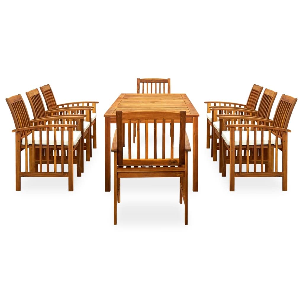 Juego de comedor de jardín de madera de acacia maciza, 8 sillas con cojines acolchados, acabado al aceite, fácil de limpiar, para patio y jardín (9 piezas)