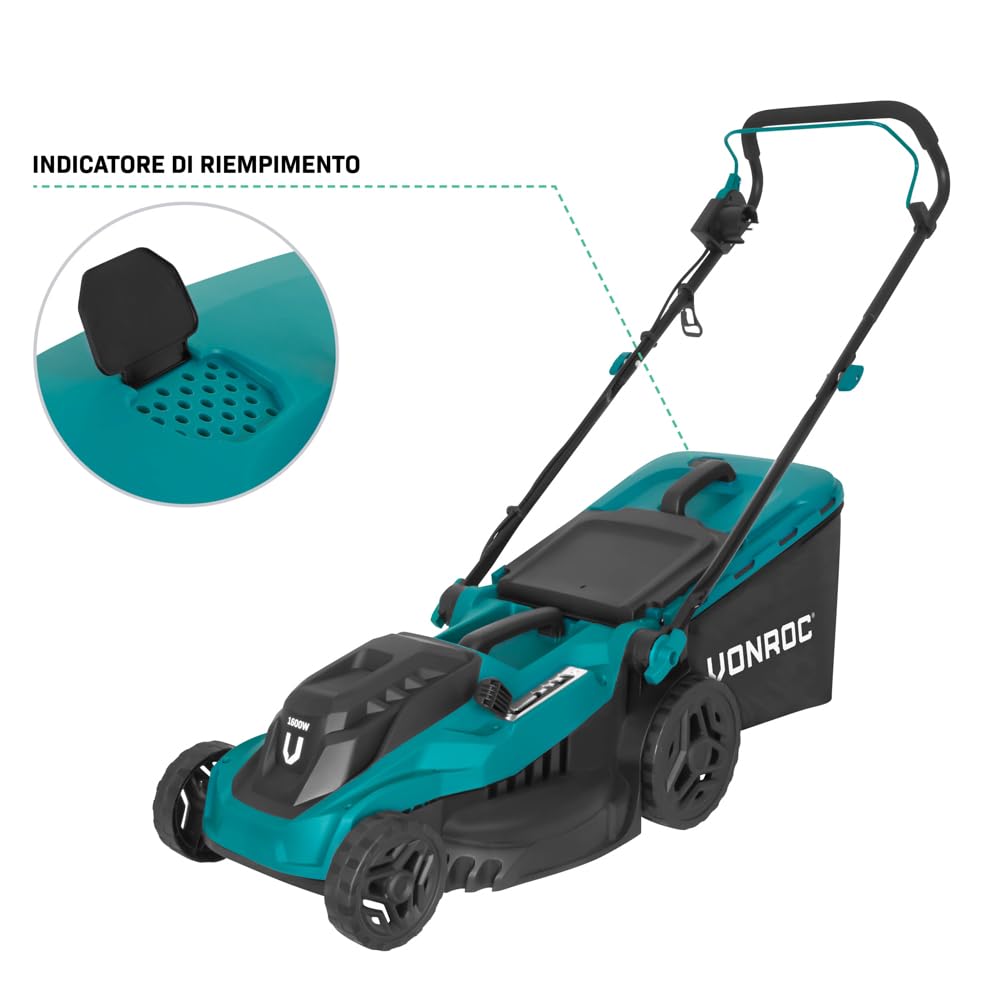 VONROC Kosiarka elektryczna1600 W – 38 cm, 5 regulowanych wysokości, kosz 42 l, mocny i cichy silnik, idealny do gęstej i ciężkiej trawy, ergonomiczny kształt i łatwe przechowywanie