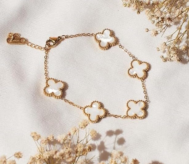 Image of STYOLLO Four-Leaf Clover Anti Tarnish Bracelet for Women & Girls Stylish | Elegant Gold-Plated Lucky Charm Jewelry | Aesthetic Enamel Design Adjustable Chain Bracelet for Daily, Gifting & Festive