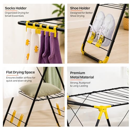 Image of BonKaso Premium Steel Foldable Cloth Dryer Stand | Heavy Duty Clothes Drying Rack with Arm Lock & Socks Holder | 147 x 60.5 x 105.5 cm | Black & Yellow