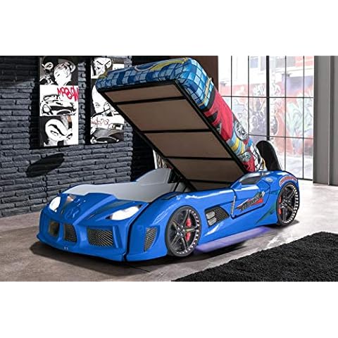 3ft Boys Blue GT Turbo Gas Lift Ottoman Race Car Bed With LED Lights & Bluetooth Cover