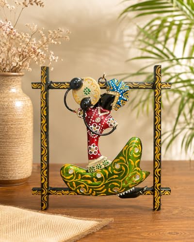 Image of iHandikart Handmade Metal Wall Art Sculpture for Home Decor | Traditional Rajasthani Folk Dancer Wall Hanging | Hand-Painted Iron Wall Art with Stone Work | Living Room & Bedroom Decor| 9 x 9 Inch