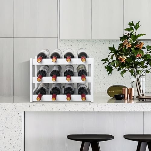 VASMIA Bamboo Wine Rack, Sturdy and Durable Wine Storage Cabinet Shelf, Wine Racks Countertop for Pantry,Kitchen,3-Tier 12 Bottles Wine Rack White - Image 3