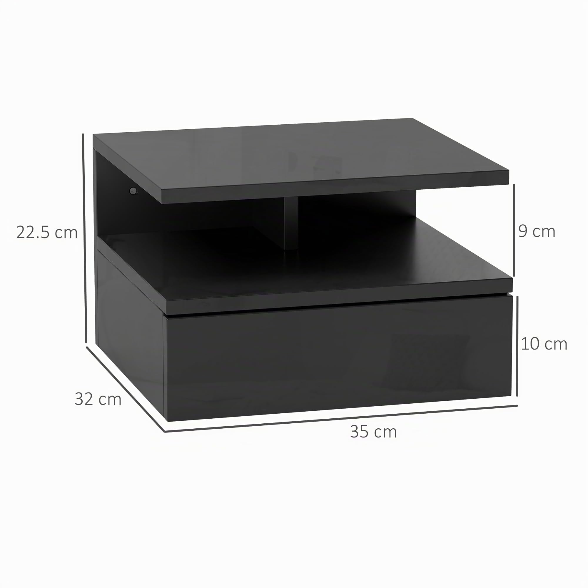 HOMCOM Comodino Sospeso Salvaspazio 35x32x22.5cm Nero Lucido