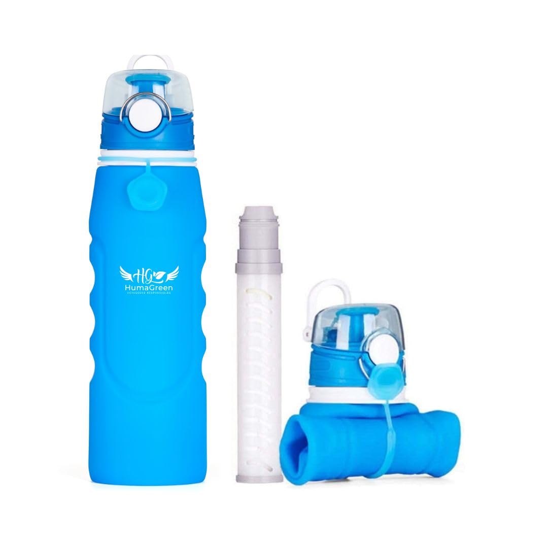 Gourde Filtrante Humagreen – Filtre à Eau Portable Réutilisable pour Voyage, Randonnée, Trekking, Camping, Survie – Kit Purificateur d'Eau Léger et Durable (Bleu)