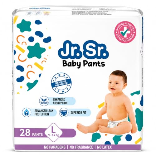 Image of Jr. Sr. Baby Diaper Pants | Large (L) Size (9-14 kg), 28 Count | Pack of 1 | Upto 12 hr Absorption with Advanced Leak Protection | Safe For Babies Skin | Soft, Secure & Comfy