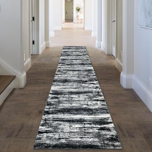 KOZYFLY Modern Abstract Kitchen Runner Rug, 2x10 Washable Rug Runner Non-Slip Soft Striped Hallway Runner Rugs, Black Navy Blue Grey Carpet Runner for Entryway Bathroom Laundry Room Foyer