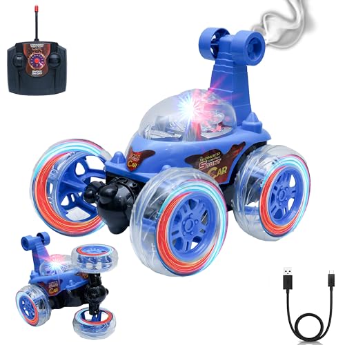 Image of Wonder Stunt Rc Car | Smoke Function and Led Lights | Abs Plastic Body | 360 Degree Spinning Wheels Rechargeable Battery Type C Charging | Remote Control Toy for Kids - Blue
