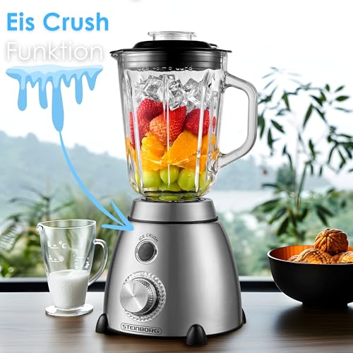 Standmixer Glas Edelstahl 1,5 Liter Glasbehälter 6-Fach Edelstahl Messer Pulsfunktion Universal Power Mixer Eiweiß Shaker Hand Blender Ice Crusher Zerkleinerer Smoothie Maker 600 Watt – Bild 4