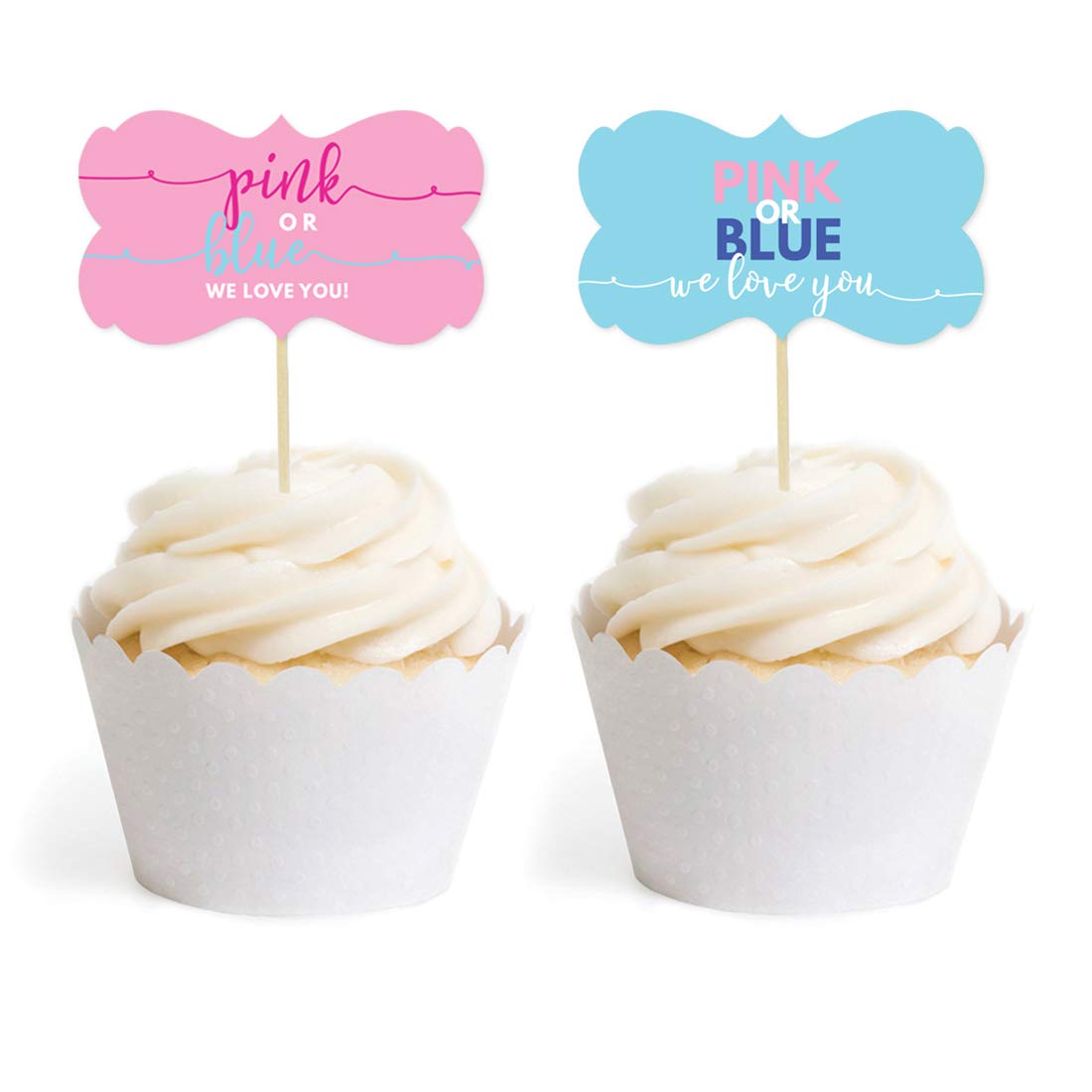 Andaz Press Pink or Blue We Love You Gender Reveal Baby Shower Collection, Cupcake Topper DIY Party Favors Kit, Fancy Frame Shape, 18-Pack