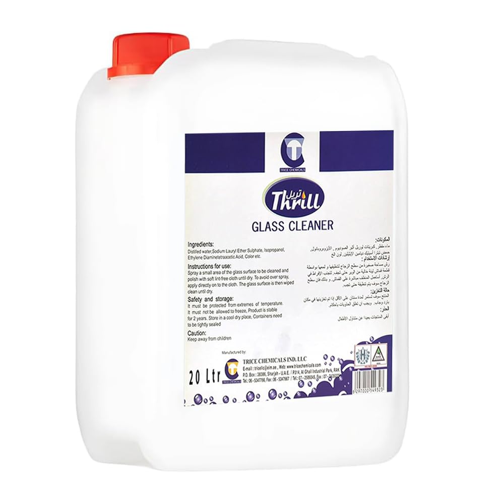 Thrill Glass Cleaner 20 L | Ultra‑Concentrated, Streak‑Free Window & Mirror Solution | Bulk Commercial Cleaning Chemical for Hotels, Offices, Car Washes | Ammonia‑Free, Fast‑Dry – Made in UAE