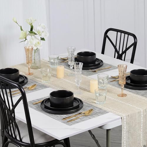 Image of E-far 24-Piece Stoneware Dinnerware Sets, Plates and Bowls Sets for 8, Kitchen Dinning Porcelain Ribbed Dishes Set, Chip & Scratch Resistant, Dishwasher & Microwave Safe, Matte Black