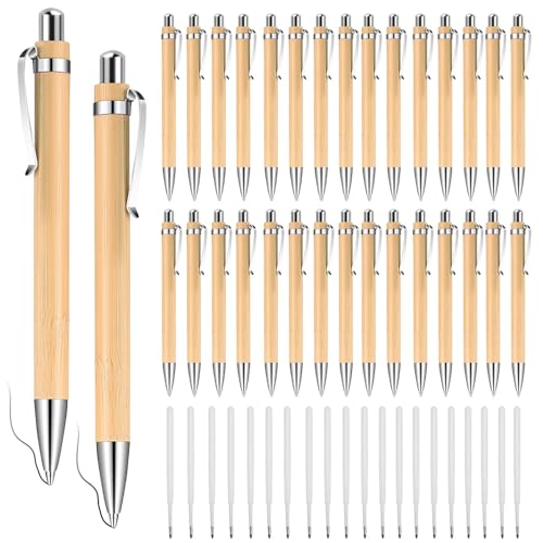 HEKOBAG 30PCS Bolígrafo de Bambú de Tinta Negra y 20 Recambios Azules, Bolígrafos Madera de Bambú, Duradero, Bolígrafo Retráctil con Clip de Metal, Bolígrafo Ergonómico de Bambú para Escuela, Oficina