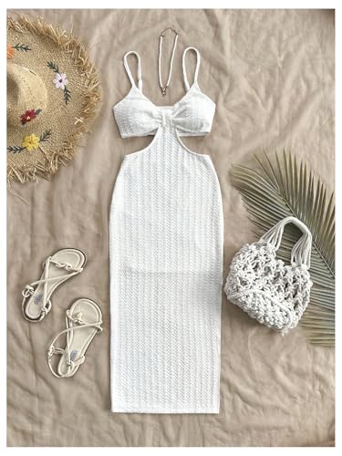 Image of SHENHE Women's Vacation Sexy Cutout Waist Split Camisole Textured Bodycon Summer Dress White X-Small