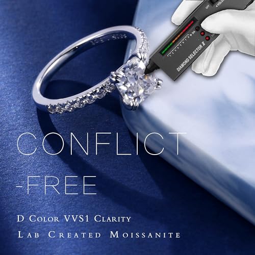MOOSEA Moissanite Engagement Ring, 1.5ct Cushion D Color VVS1 Clarity Lab Created Diamond, 14K White Gold Vermeil Double Claw Solitaire Modern Silver Ring for Her2