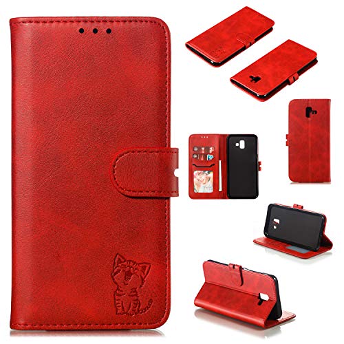 Robinsoni Case Compatible with Samsung Galaxy J6 Plus 2018 Retro Leather Wallet Cover with Card Holder Slots Cat Printed Folio Flip Cover TPU Silicone Inner Case Kickstand Magnetic Closure Case, Red