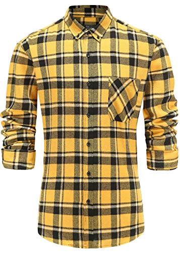 Emiqude Men's Slim Fit Casual Plaid Flannel Long Sleeve Button Down Dress Shirt Small Yellow Black