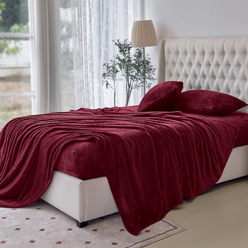 Elegant Comfort Luxuriously Soft 4-Piece Velvet Plush Flannel Sheet Set - Premium Quality - Cozy Warm, Anti-Static, Non Pilling Fuzzy Velvet Flannel Fleece Deep Pocket Sheet Set - Twin XL, Burgundy
