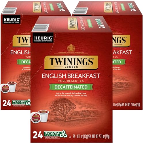 Image of Twinings Decaf English Breakfast Tea K-Cup Pods for Keurig, Naturally Decaffeinated Black Tea, Smooth, Flavourful, Robust, 24 Count (Pack of 3)