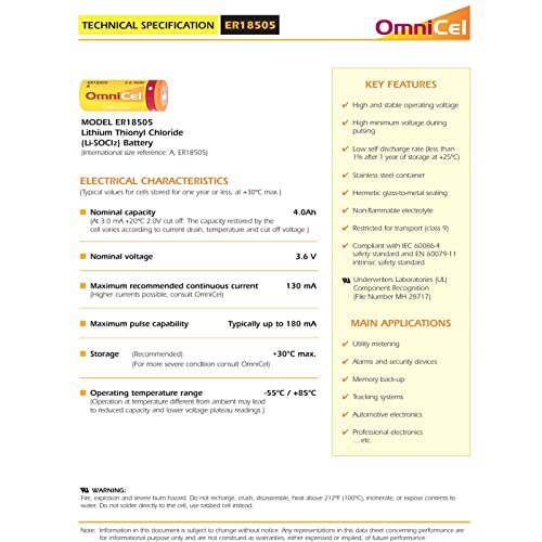 Batería Omnicel ER18505 3.6V 3.8Ah tamaño A litio miniatura 6