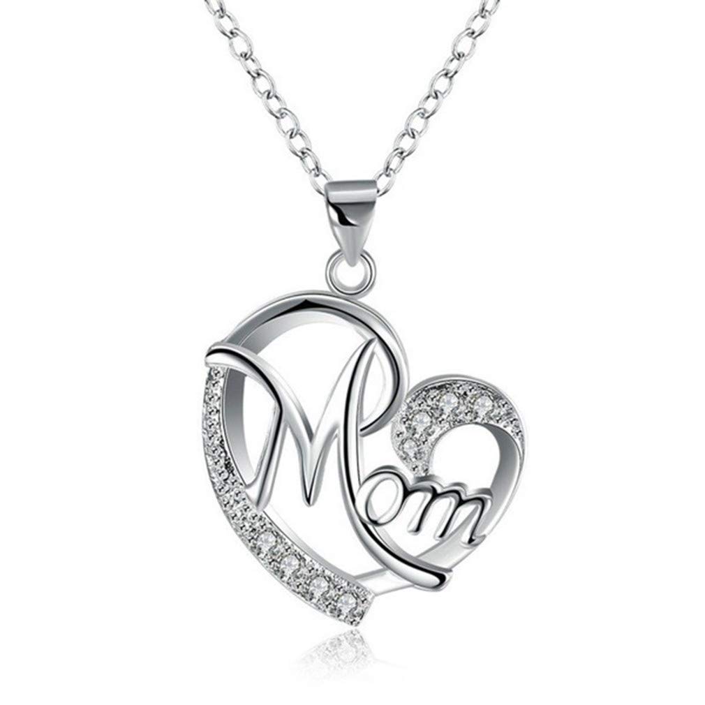 Kshcf Heart Necklace Mom Letter Clavicle Chain Faux Diamond Pendant Necklace Mother Birthday Gifts Jewelry,Silver