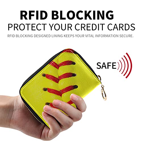 OTVEE Yellow Softball Credit Card Holder Case Leather Printed Zipper ID Card Case Wallet Small RIFD Blocking Wallet for Women Girls2