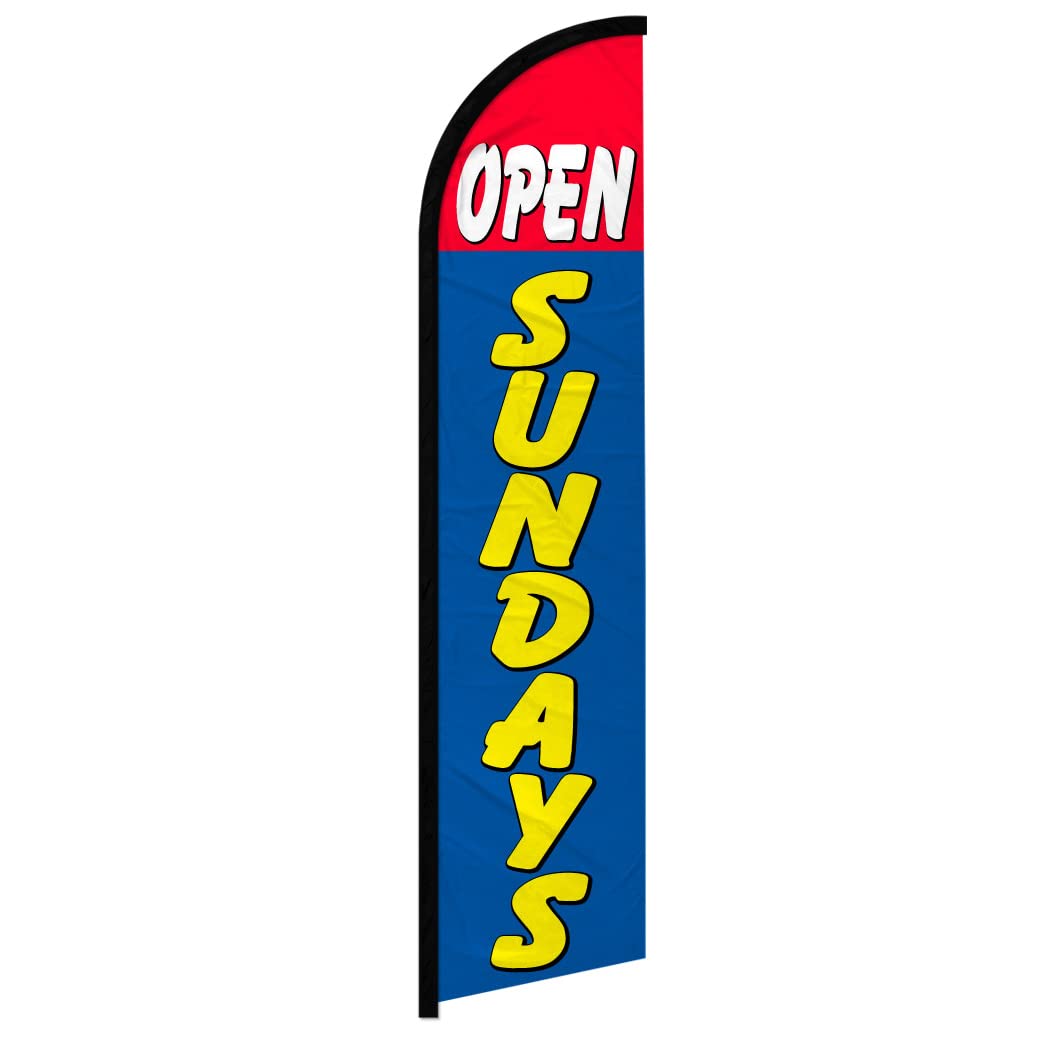 Open Sundays (Red & Blue) Windless Banner Advertising Flag - Perfect for Retailers, Shops, Businesses, Restaurants