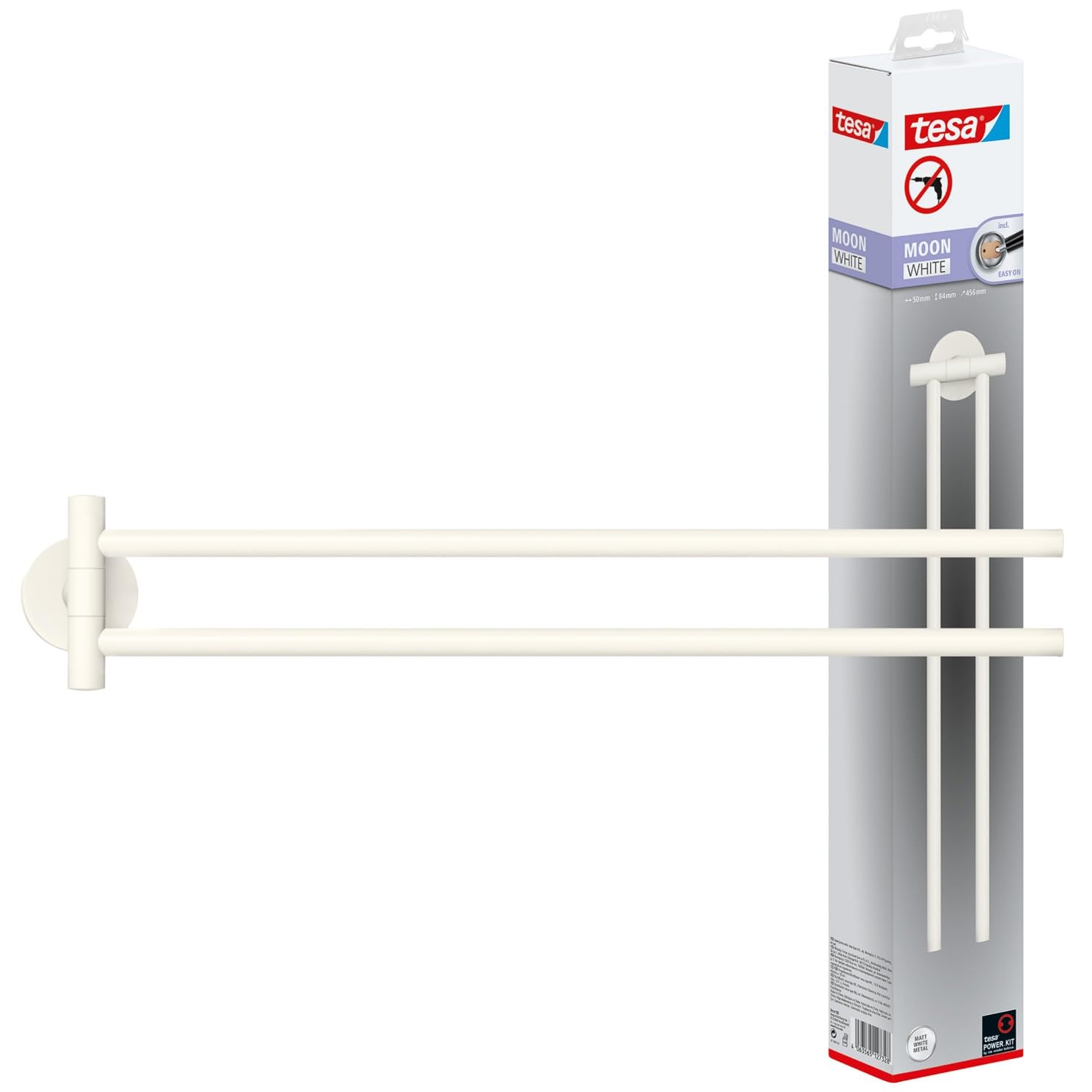 tesa® MOON WHITE Portasciugamani a 2 Bracci per bagno e WC in stile industriale e bagni moderni - Senza foratura, soluzione adesiva inclusa - 84 mm x 50 mm x 456 mm - Bianco opaco