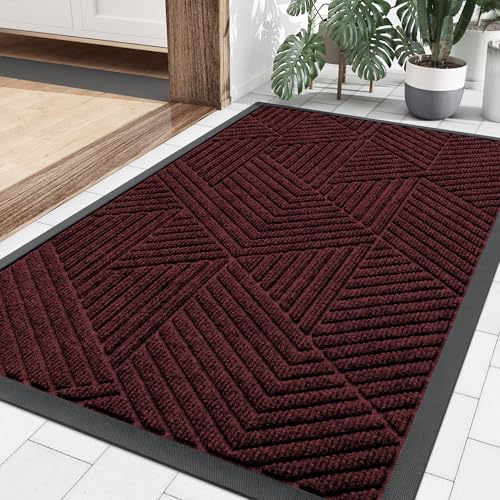 Smiry Front Door Mat Outside Entrance, Heavy Duty Sturdy Natural Rubber Doormat, Trap Dirt and Moisture, Easy Clean Low Profile Welcome Floor Mats for Indoor Outdoor Entry, 36x24 Inch, Dark Red