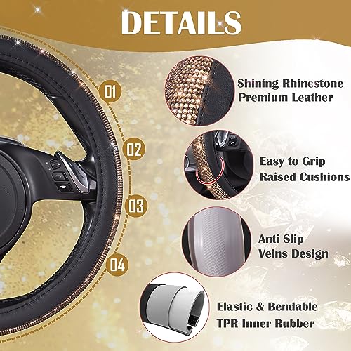 Image of CAR PASS Bling Champagne Diamond Steering Wheel Cover, Black Leather Universal Fit 14.5-15inch Glitter Rhinestones for Women Sparkle Crystal Girly Shining for SUV,Vans,Sedan,Car,Truck, Black Champagne